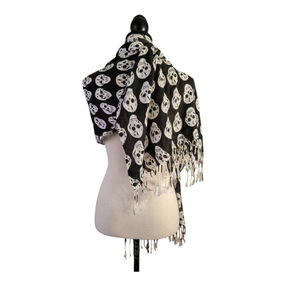 Skull Print Black and White Wide Scarf With Tassel Ends - Picture 2 of 3